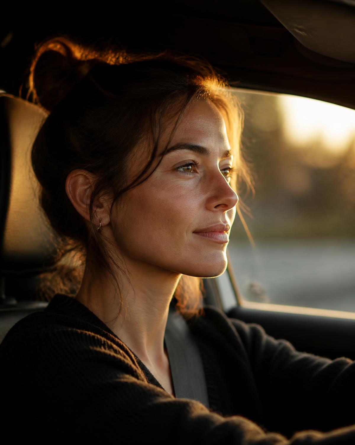A driver with a peaceful expression lit by warm evening light