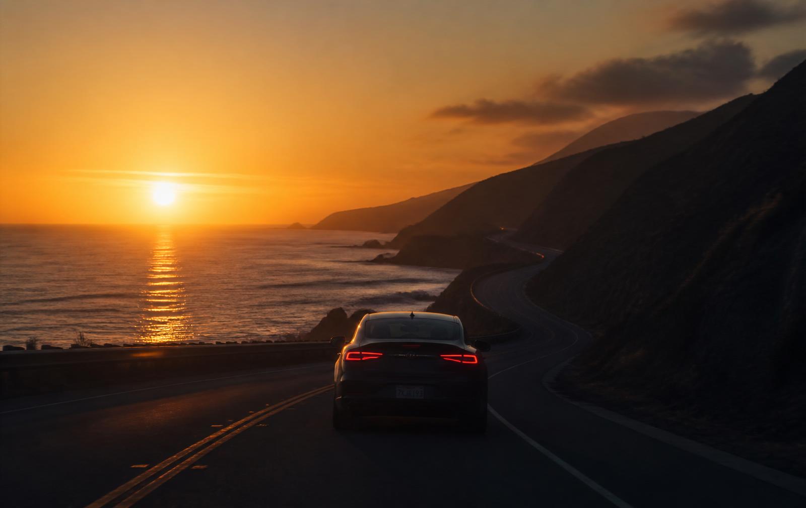 A car on a coastal highway at sunset